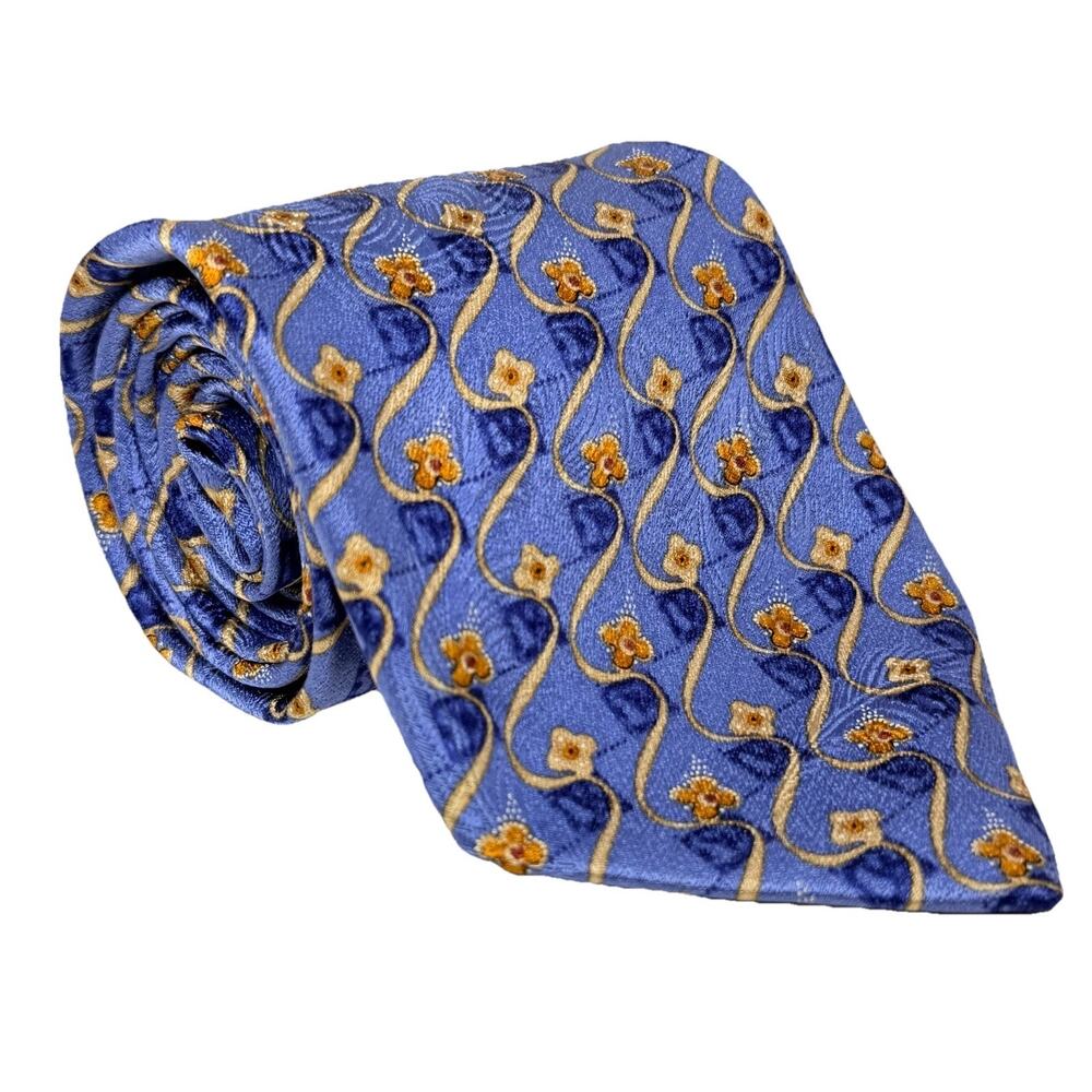 Robert Talbot Neck Tie 58"x3-3/4” Gold Floral Wavy Ribbon on Blue Silk USA EUC